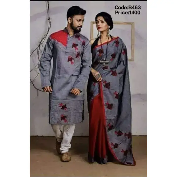 Exclusive Designer Block Print Half Silk Saree & Dhupian Silk Panjabi Combo – Stylish Couple Dress