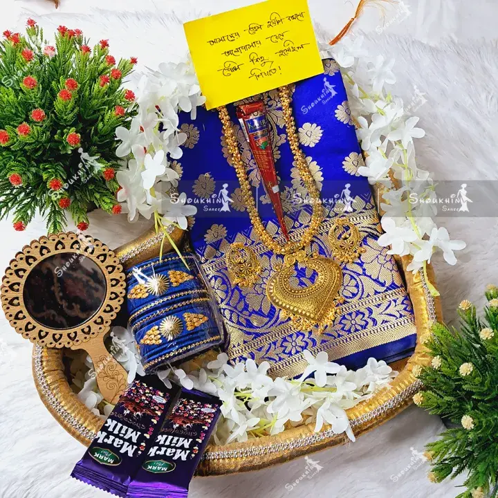 Tangail Tat Nil Katan Saree Combo Set for Women – Gift Kit with Accessories