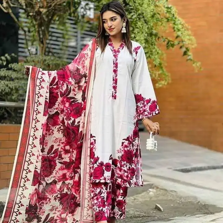 Girls Cotton Skinprint Lace Work Salwar Kameez – 3-Piece Ready-Made Set (Random Color)