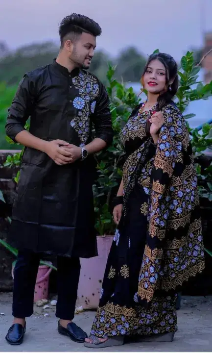 Half Silk Saree & Cotton Panjabi Couple Combo – For Men & Women