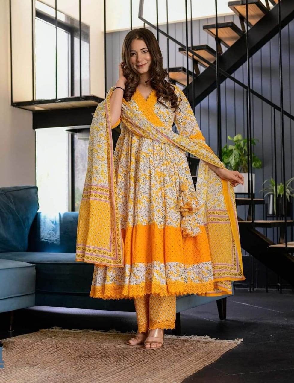 Linen Long Gown Salwar Kameez – 3 Piece Set with Orna
